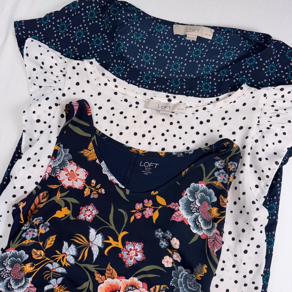 LOFT Blouse 3/Bundle Womens XXSP XSP Navy White Floral Polka Dot Flutter Sleeve